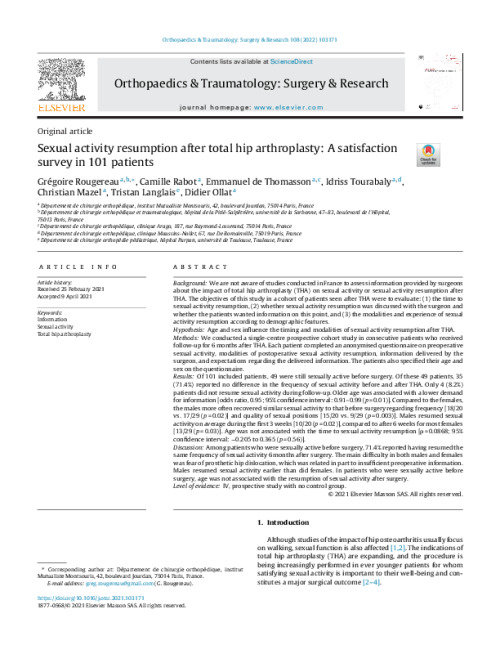 Article du mois février 2022 : Sexual activity resumption after total hip arthroplasty: A satisfaction survey in 101 patients. 