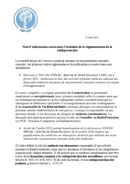 Note d'information concernant l'évolution de la réglementation sur la radioprotection