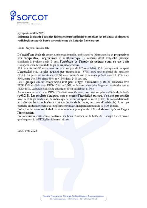 Symposium SFA 2023 - Influence à plus de 5 ans des lésions osseuses glénoïdiennes dans les résultats cliniques et radiologiques après butée coracoïdienne de Latarjet à ciel ouvert