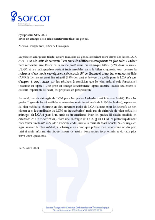 Symposium SFA 2023 - Prise en charge de la triade antéromediale du genou