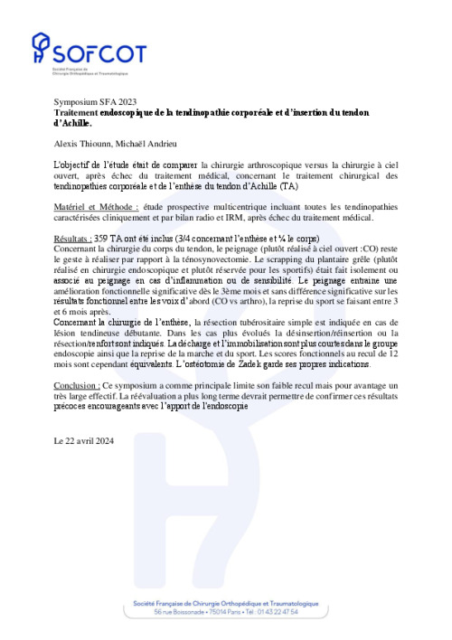 Symposium SFA 2023 - Traitement endoscopique de la tendinopathie corporéale et d’insertion du tendon d’Achille 