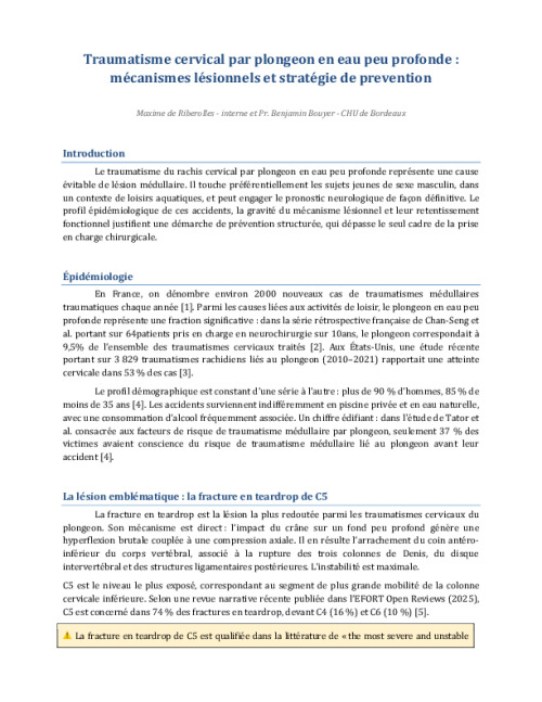 Dossier thématique - Traumatisme cervical par plongeon en eau peu profonde