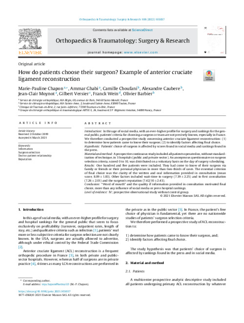 article du mois mai 2022 : How do patients choose their surgeon? Example of anterior cruciate ligament reconstruction