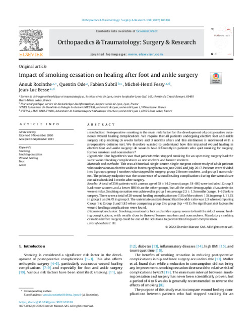 article du mois novembre 2022 : Impact of smoking cessation on healing after foot and ankle surgery