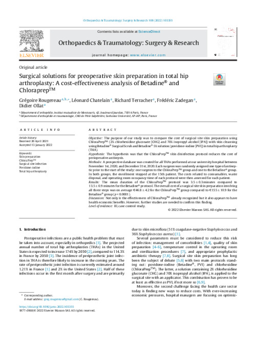 article du mois octobre 2022 : Surgical solutions for preoperative skin preparation in total hip arthroplasty: A cost-effectiveness analysis of Betadine® and ChloraprepTM