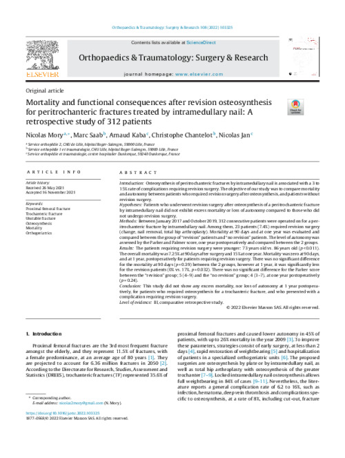 Article du mois septembre 2022 : Mortality and functional consequences after revision osteosynthesis for peritrochanteric fractures treated by intramedullary nail: A retrospective study of 312 patients