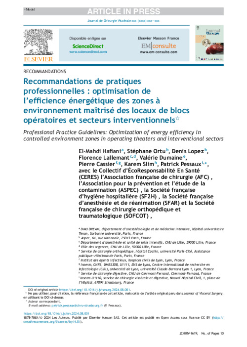 Recommandations de pratiques professionnelles : optimisation de l’efficience énergétique des zones à environnement maîtrisé des locaux de blocs opératoires et secteurs interventionnels