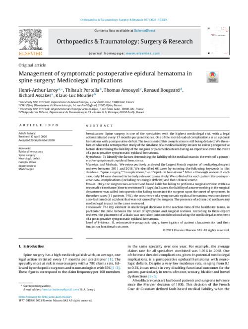 Article du mois novembre 2021 : Management of symptomatic postoperative epidural hematoma in spine surgery: Medicolegal implications