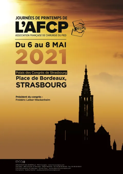 Le bureau de l’AFCP et moi même avons le plaisir de vous inviter aux journées de printemps de l’AFCP 2021 qui se tiendront à Strasbourg. Les journées de printemps prévues à Barcelone en 2020, annulées en raison de la Covid-19, sont décalées en 2022 et maintenues à Barcelone.  La chirurgie de l’instabilité de cheville est actuellement en pleine évolution avec le développement récent de l’arthroscopie (endoscopie) de cheville. Il nous a donc paru nécessaire d’en faire le thème principal de notre congrès. Ciel